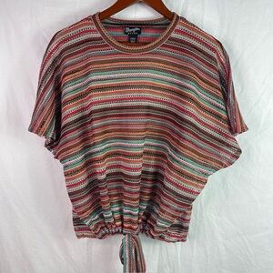 WRANGLER RETRO Women Sheer Knit Striped Oversized Tunic Top Size L Red Tie Waist